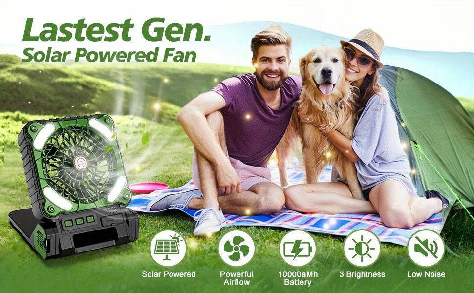 solar powered fan for camping 10000mah rechargeable battery operated portable fan with led lantern 4 speeds powerful wind and 4 timer table fan for picnic hurricane fishing travel details 0