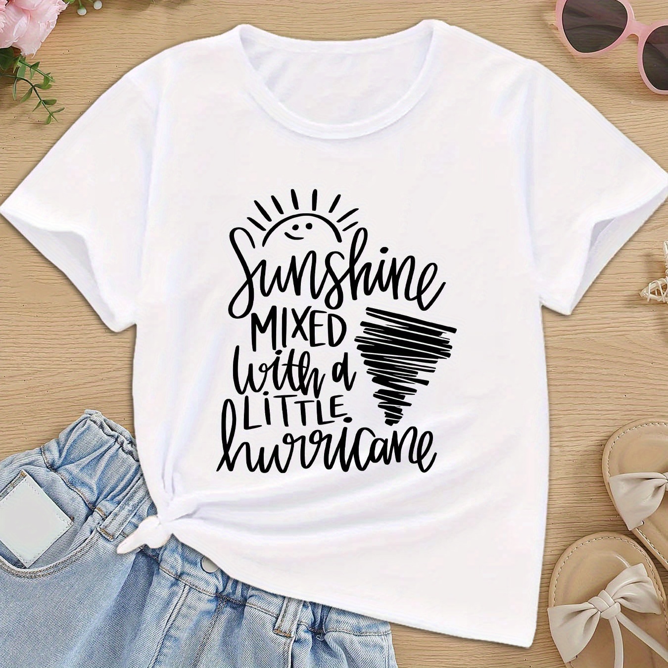 

Girls' Casual Comfort Short Sleeve T-shirt With "sunshine Mixed With A Little Hurricane" Print, Summer Breathable Round Neck Top, Soft Stretchy Fabric