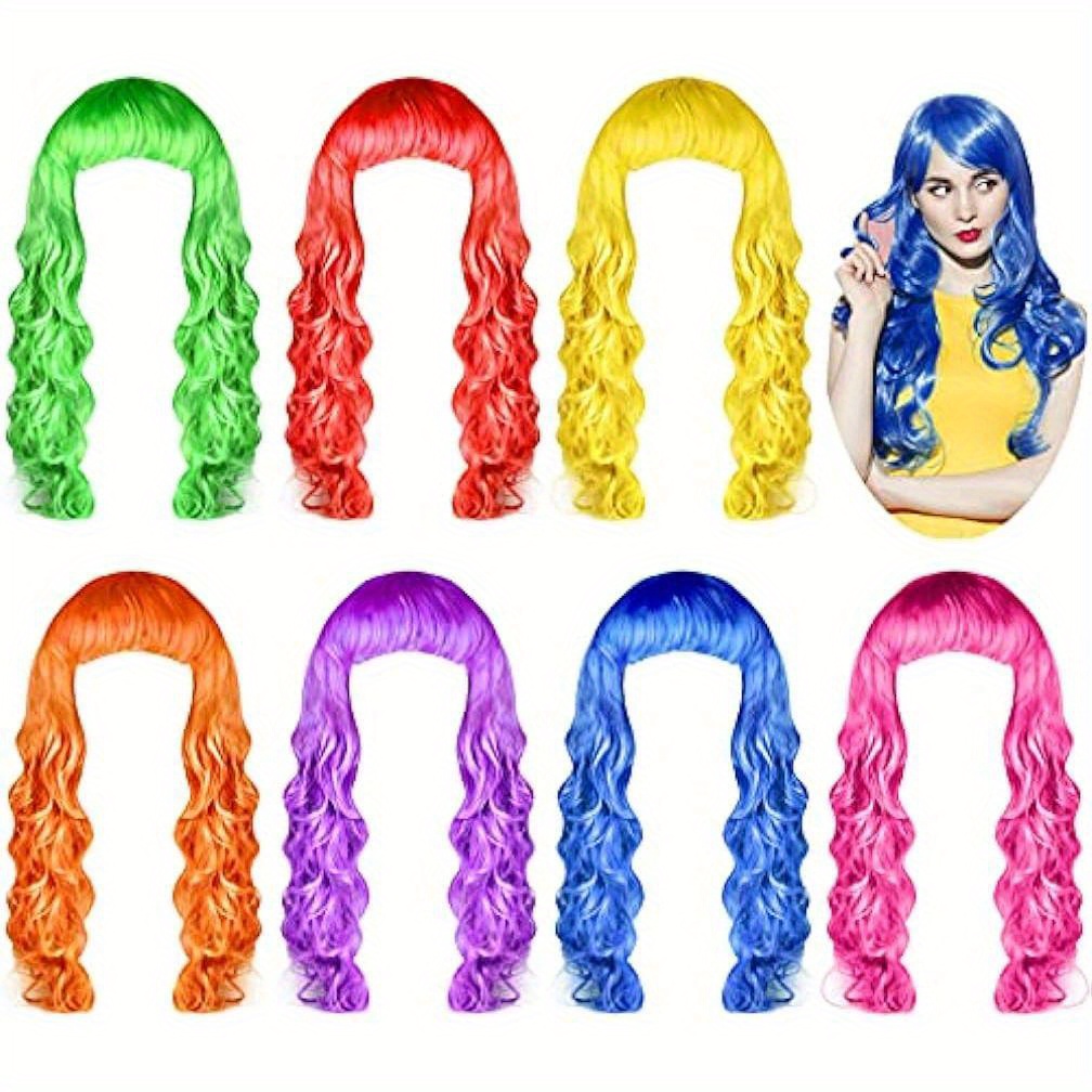 

7 Pieces Colorful Long Curly Wigs, Long Colorful Hair Wig Wavy Hair Wigs Curly Cosplay Costume Wig For Women Party Décor