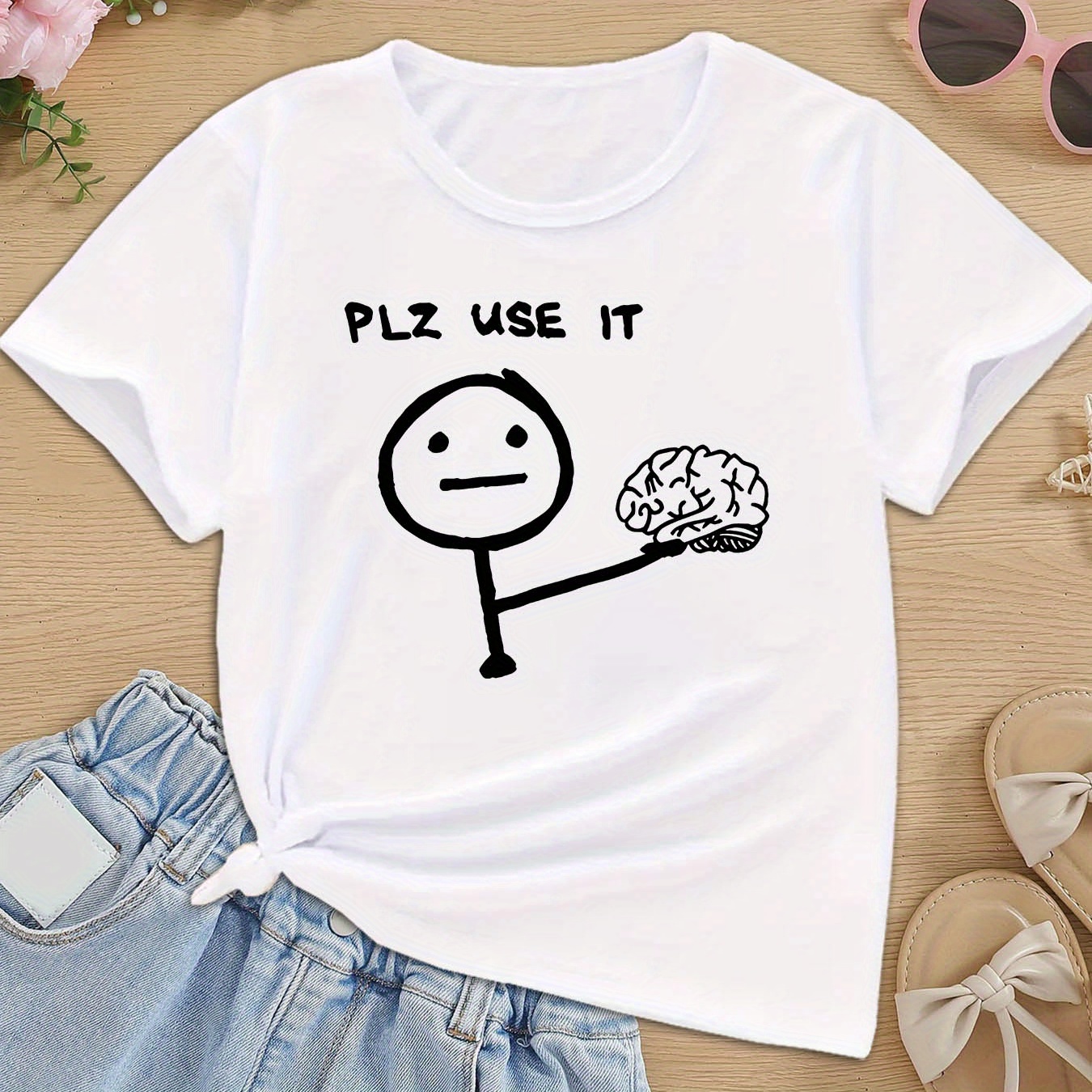 

Girls Summer Casual Fashion Plz Use It Letter Printed T-shirt Top, Short Sleeves, Round Neck, Comfort Fit - Youthful Style