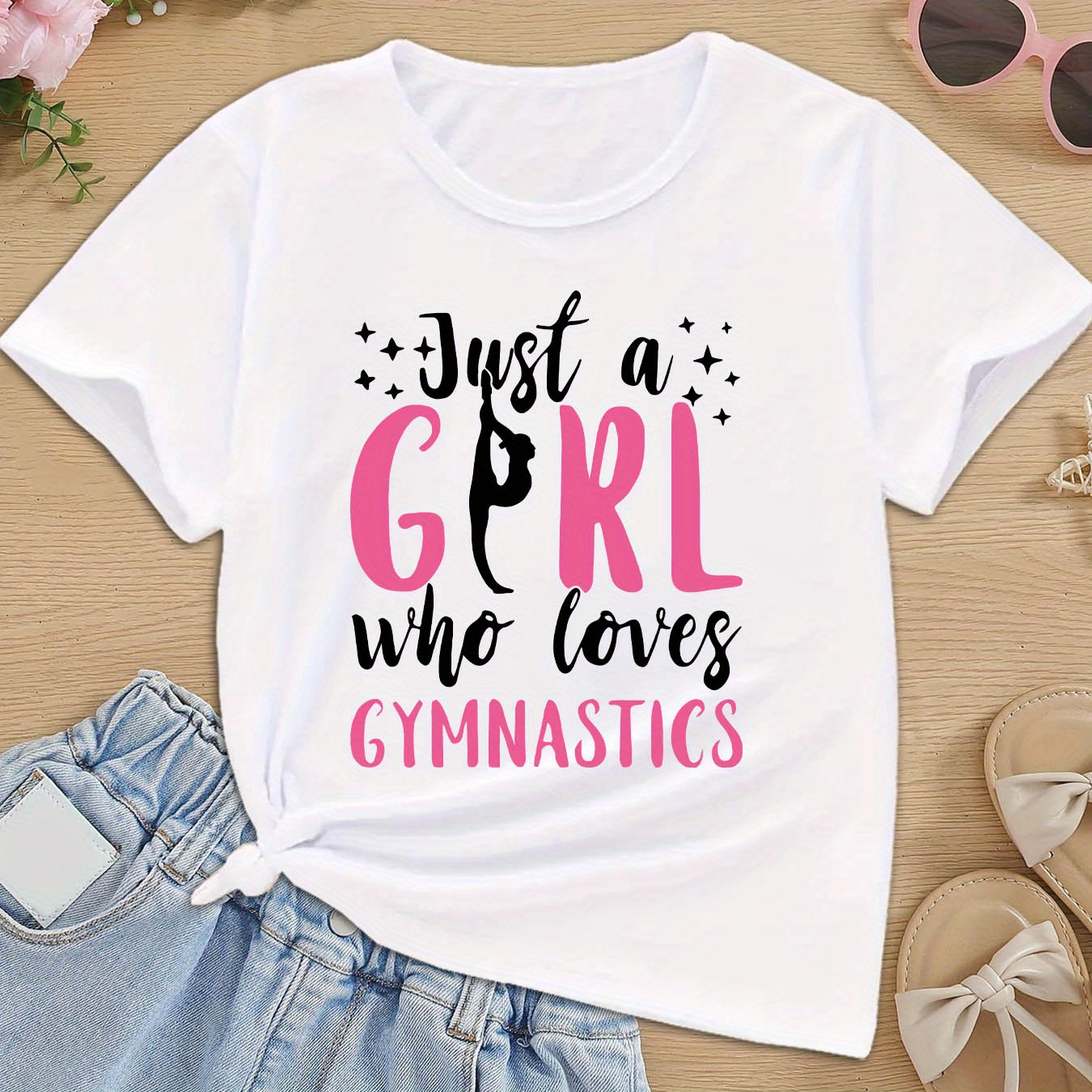 

Girls' Summer Fashion Casual Just A Girl Who Loves Gymnastics Letter Printed T-shirt, Short Sleeve Round Neck Top With Trendy Graphic Design