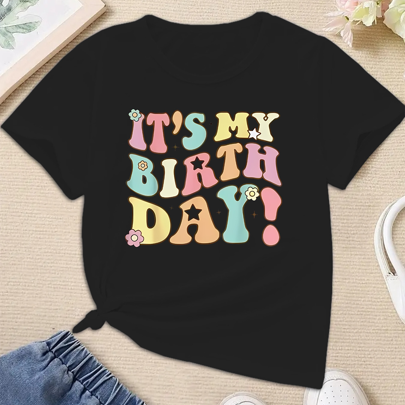 

Girls Casual Crew Neck Cartoon My Birthday Letter Print Short Sleeve T-shirt, Fashion For Girls, Soft Fabric
