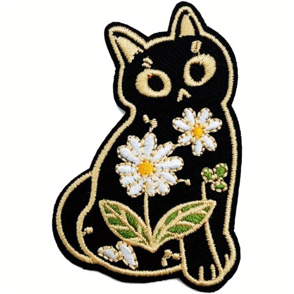 Cute Black Cat Iron-On Embroidered Patch With Floral Design - Diy Sew-On Applique For Jackets, Clothes, Hats &amp; Bags