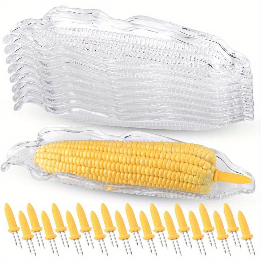 

9 Pcs Corn Trays With 20 Pcs Corn Holders On The Cob Skewers Transparent Plastic Corn Dishes Corn Holders Cob Dinnerware For Sweet Butter Corn