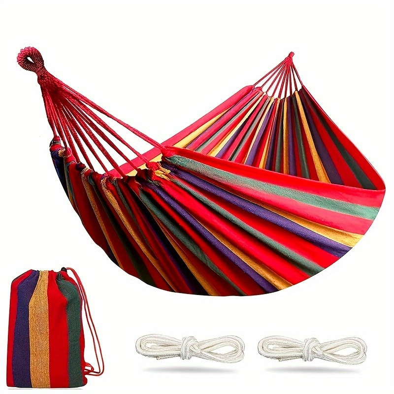 

Colorful Striped Single Camping Hammock With Reinforced Sling And Tie Rope, Portable And Durable Outdoor Hammock For Backyard & Patio, Holds Up To 450 Lbs, Includes Travel Bag For Easy Transport