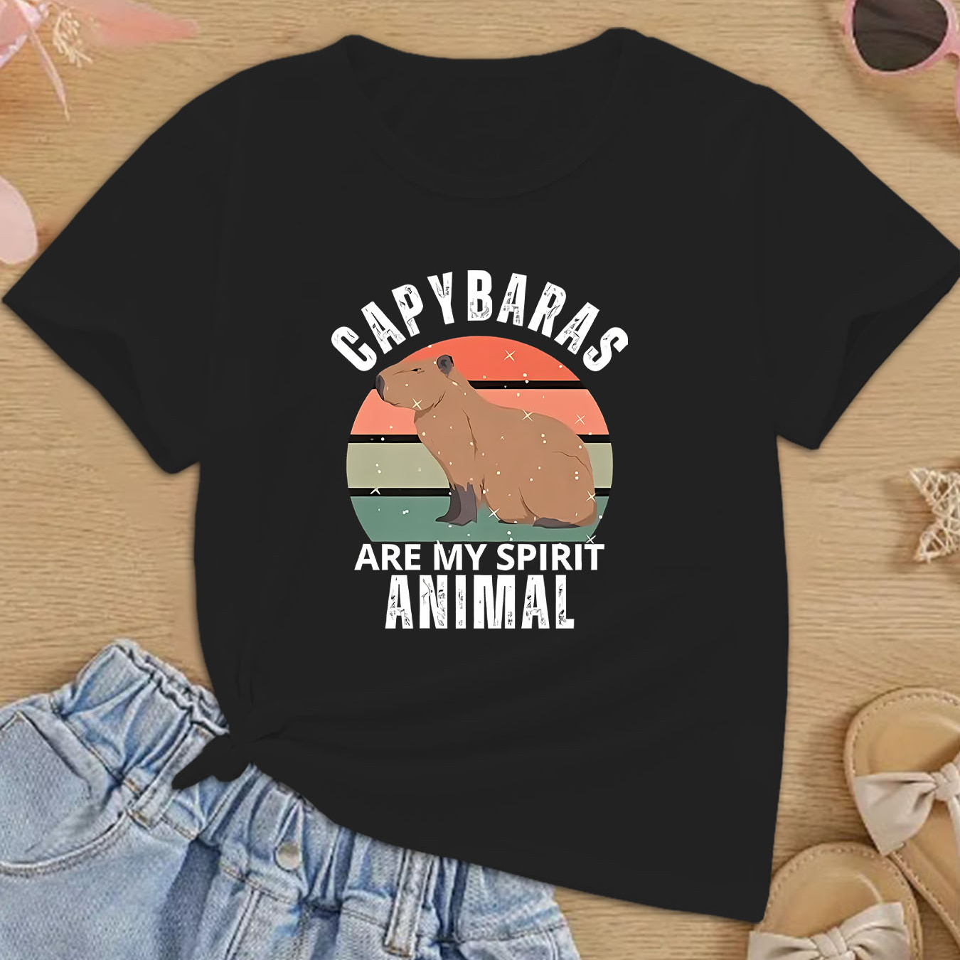 

Girls Casual Crew Neck Cartoon Capybaras Are My Spirit Animal Letter Print Short Sleeve T-shirt, Fashion Summer Top For Girls, Soft Fabric
