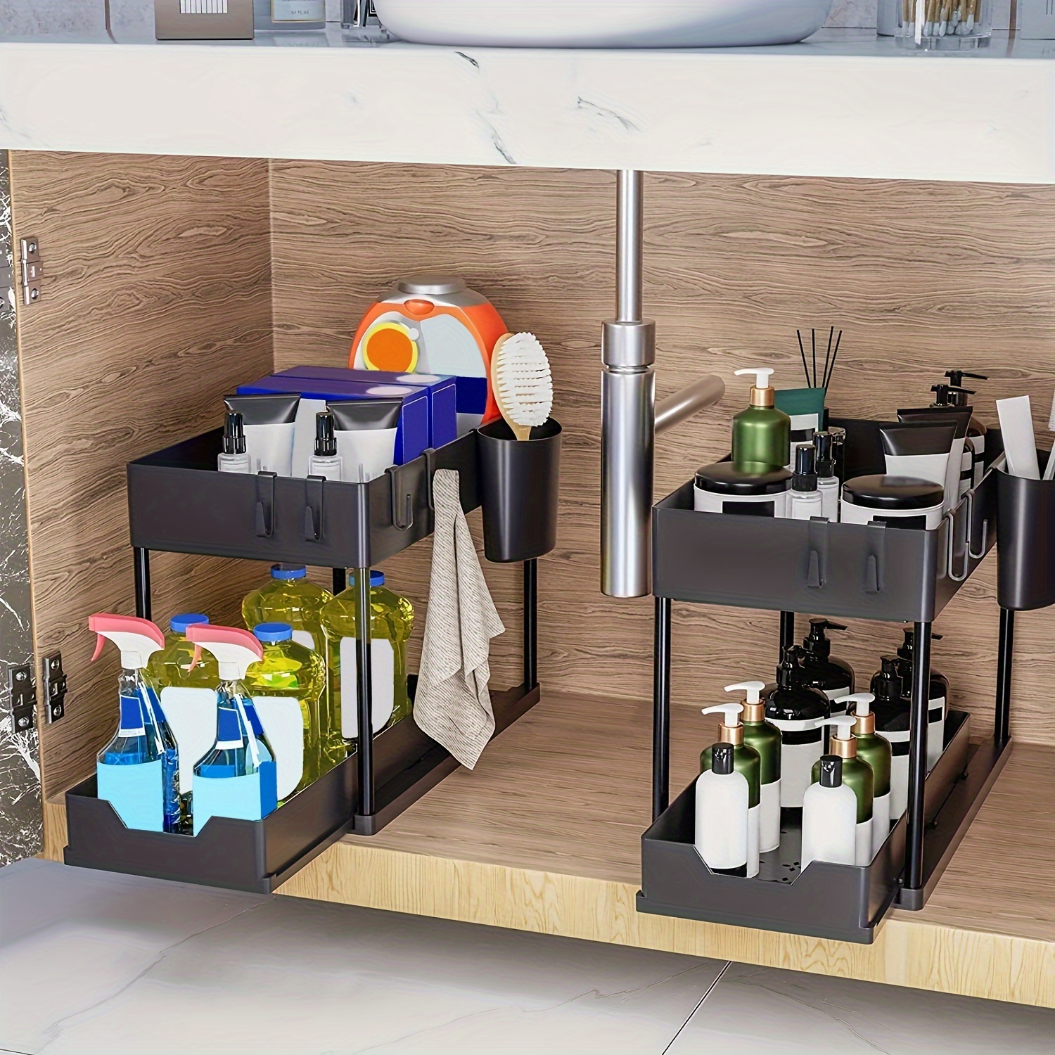 

2-tier Under Sink Organizer With Sliding Storage Drawers, Art Deco Plastic Cabinet Basket Unit, Multi-purpose Kitchen And Bathroom Organization With Hooks