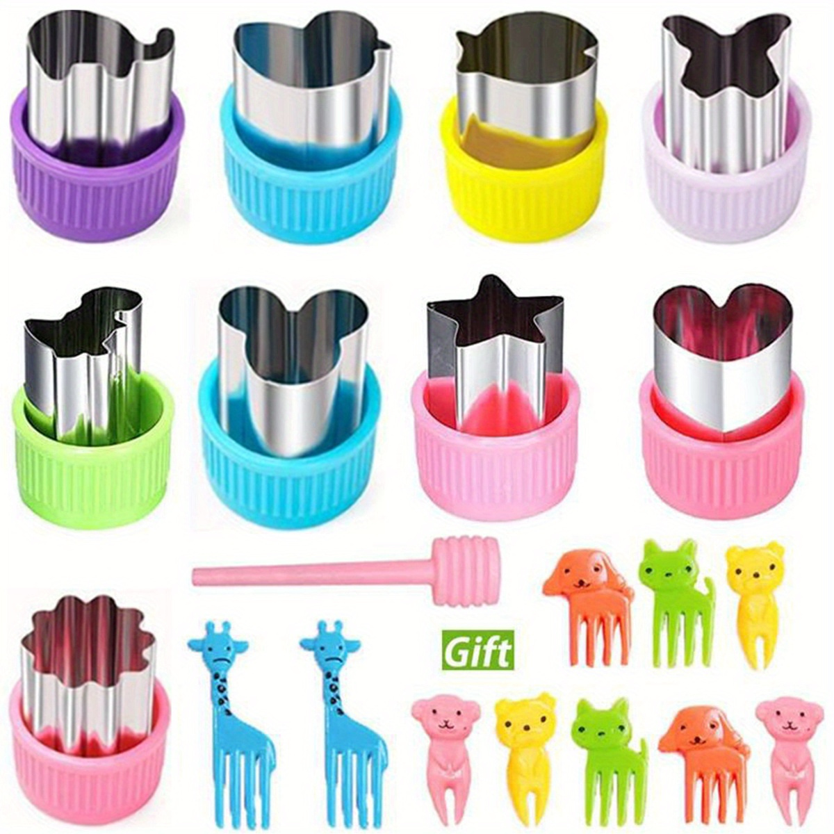 

20-piece Fruit & Vegetable Slicer Set With Animal Shapes And Reusable Mini Sandwich Molds - Perfect For Bento Boxes, Metal Kitchen Gadgets
