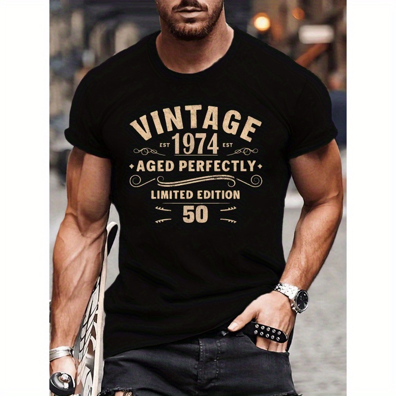 

Vintage 1974 Aged Perfectly Limited Edition 50 Retro Style Graphic Design, Men's Casual Outdoor Loose Short Sleeve T-shirt, Comfort Fit For Daily Wear