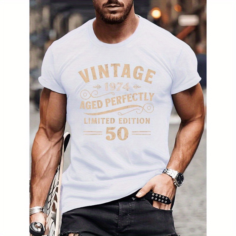 

Vintage 1974 Age Perfectly Limited Edition 50 Men's Crew Neck Short Sleeve Birthday Anniversary T-shirt, Casual Comfy Top For Daily And Outdoor Wear