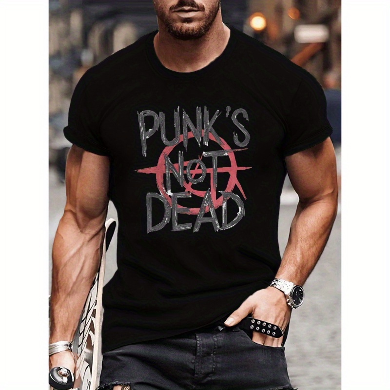 

Punk's Not Dead Creative Graphic Design, Men's Crew Neck Short Sleeve T-shirt, Casual Comfy Lightweight Top For Daily And Outdoor Wear