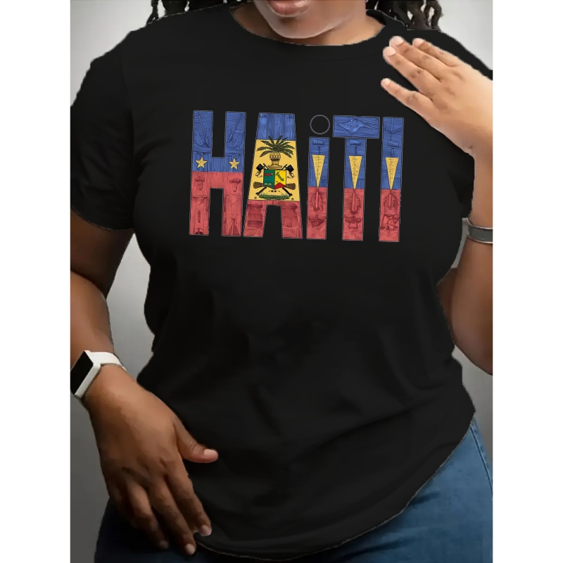 

Haiti In Bold Letters Print T-shirt, Short Sleeve Crew Neck Casual Top For Summer & Spring, Women's Clothing
