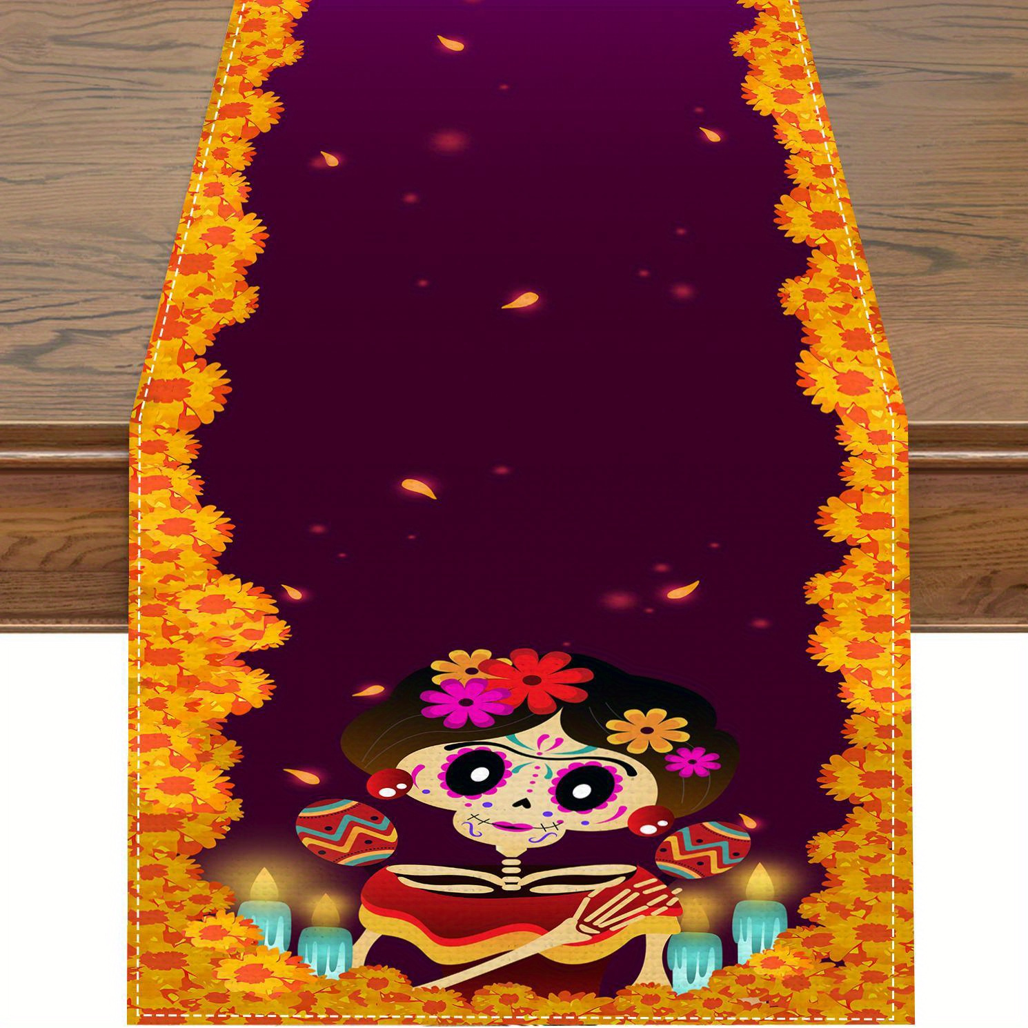 

Dia De Los Muertos Table Runner - 1pc, Woven Polyester Marigold Coco Theme, Festive Rectangular Day Of The Dead Home Kitchen Dining Decor, 13x72 Inches