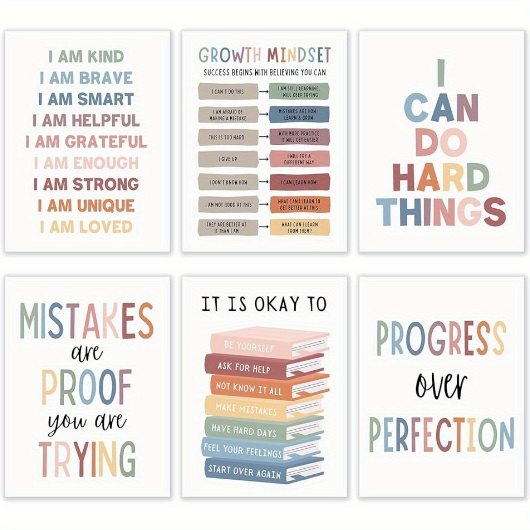

6-pack Positive Affirmation Wall Art Posters - Educational Growth Mindset And Inspirational Quotes - Frameless 8x10 Inch Classroom, Therapy Office, And Kids Room Decor Prints