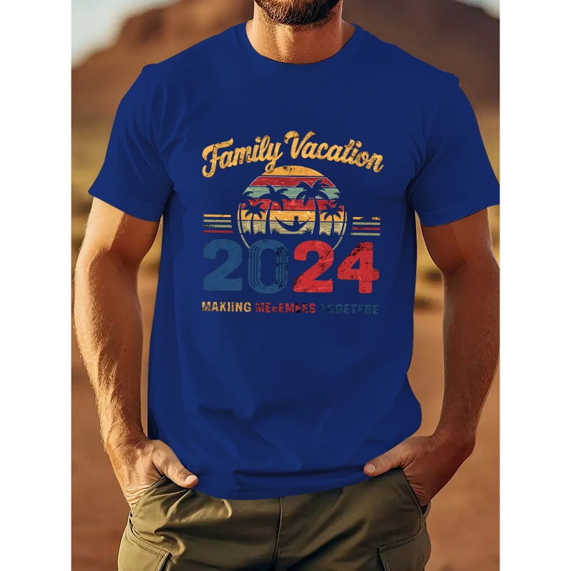 

' Family Vacation Making Memories Together ' Letters Print Short Sleeve T-shirt For Men, Casual Crew Neck Top, Comfy Versatile & Lightweight Summer Clothing For Daily Wear