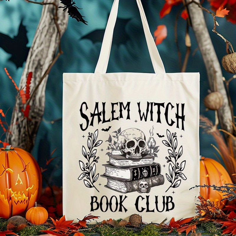 

Halloween Bag, Halloween Gift, Salem Witch Book Club Print Tote Bag Handbag, Large Capacity Trendy Simple Style Durable Canvas Bags For Outdoor Picnic, Party, Traveling, Shopping