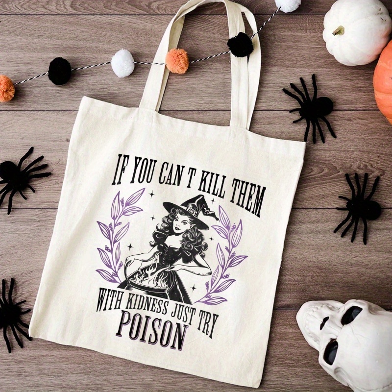 

Canvas Tote Bag With Retro Witch Print - Halloween Witch Slogan, Durable Canvas Material, Large Capacity Vintage Style Handbag For Picnic, Party, Travel, Shopping, Halloween