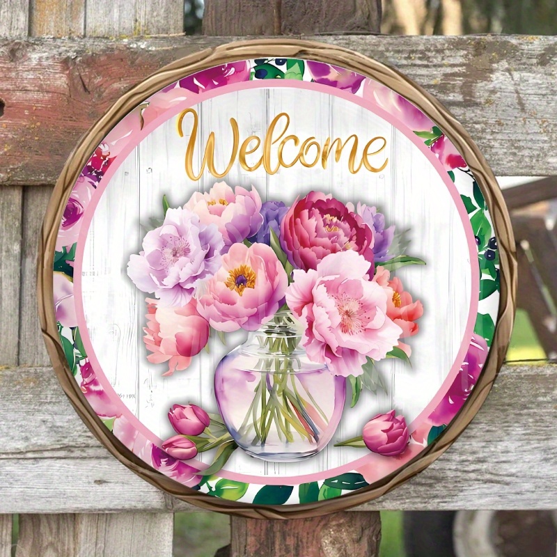 acrylic welcome door sign 8 inch   round porch decor welcome flower fence disc hanger ideal housewarming gift   14 details 8