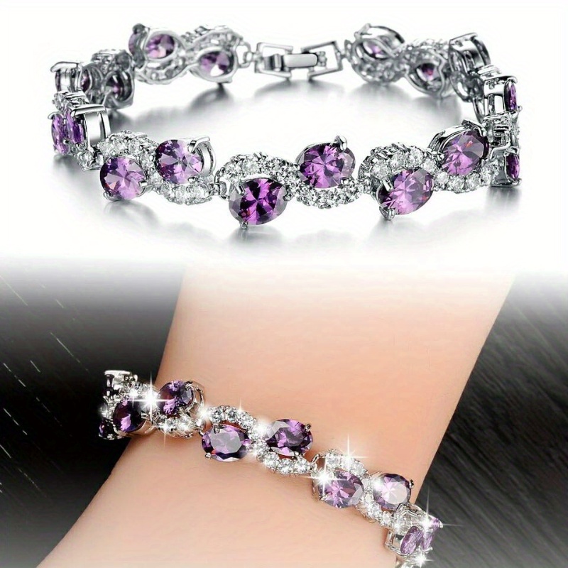 

Ladies' Purple Oval Link Zircon Silver-plated Bracelet: A Hand Adornment For Birthdays, Anniversaries & – Includes A Deluxe Gift Box