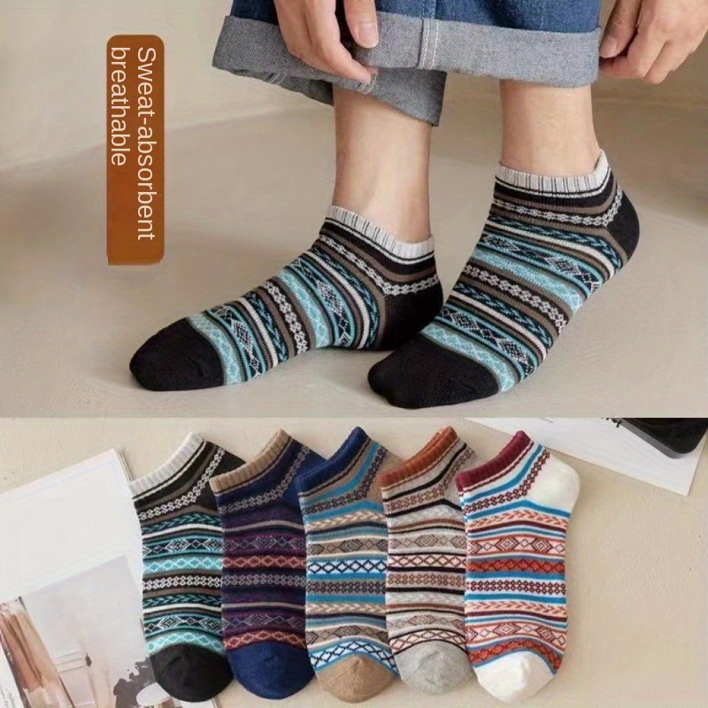 

5 Pairs Of Men's Vintage Colorful Cotton Blend Comfortable Low Cut Ankle Socks, Anti Odor & Sweat Absorption Breathable Socks, For Autumn And Winter