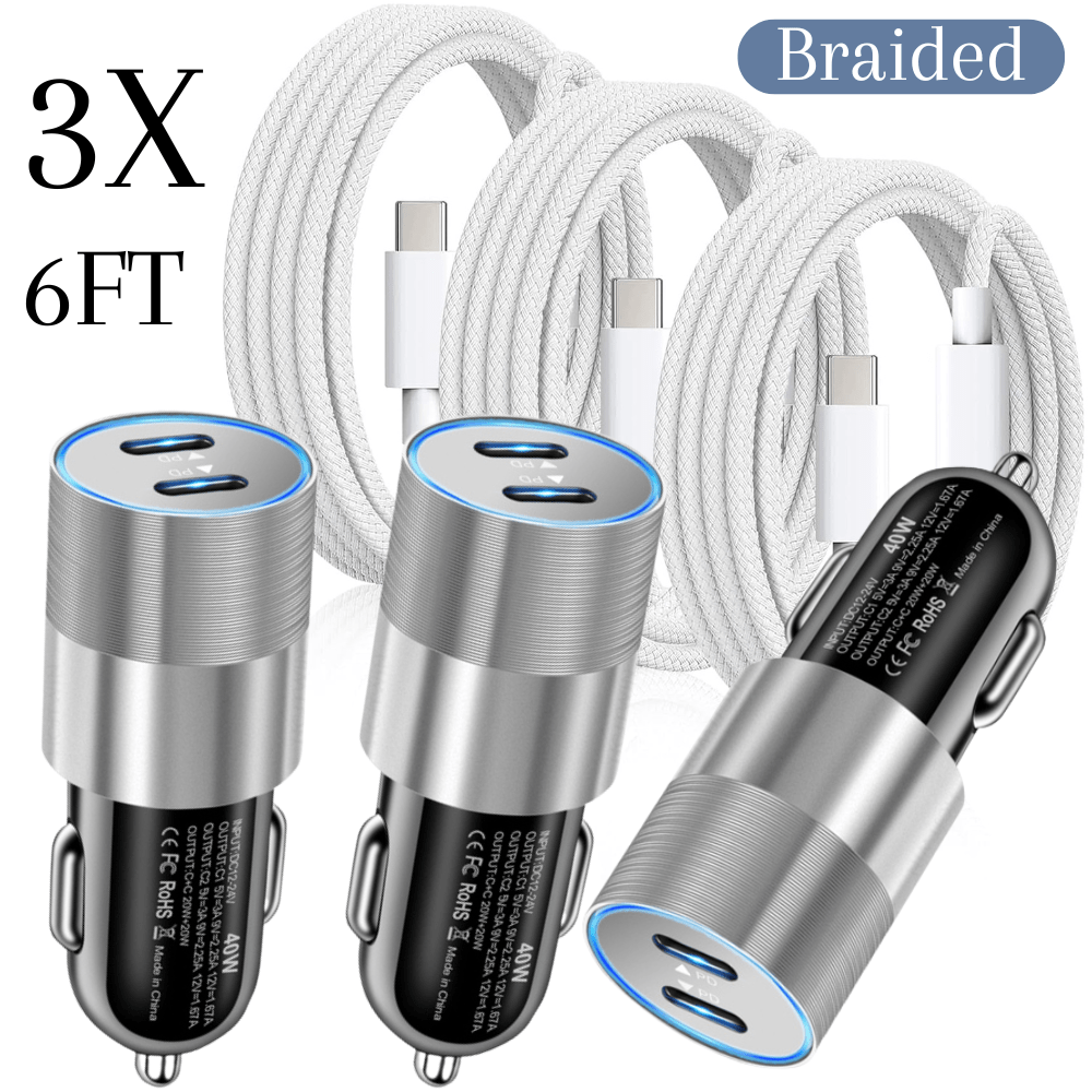 

Fastfish 3x Dual Usb C 40w Pd Fast Charger Car Adapter Braided Type C Cable For Iphone