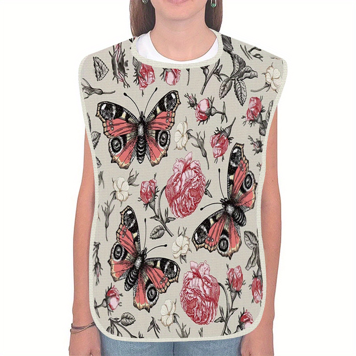 

1pc Elegant Butterfly Print Linen Bib - Waterproof, Stain-resistant Adult & Elderly Dining Apron