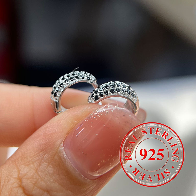 

925 Sterling Silver Black Zirconia Decor Hoop Earrings Vintage Retro Jewelry Elegant Huggie Earrings For Ladies (jewelry 2.2g 0.078oz)