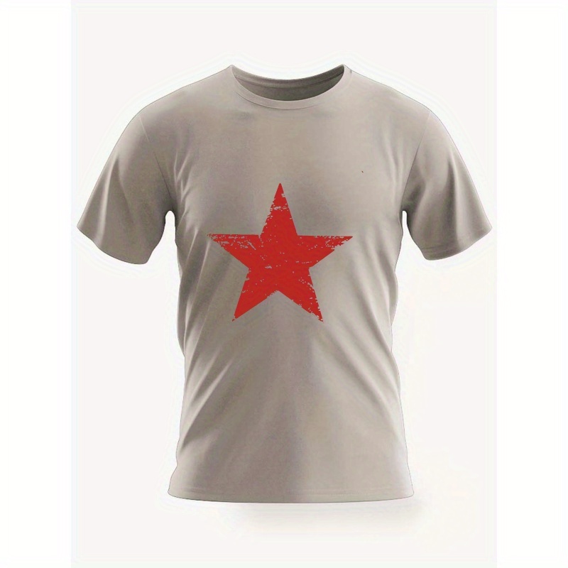 

Men's Casual Round Neck Short Sleeve Outdoor T-shirt With Simple Red Star Logo Print, Comfy Fit Top For Summer Wear