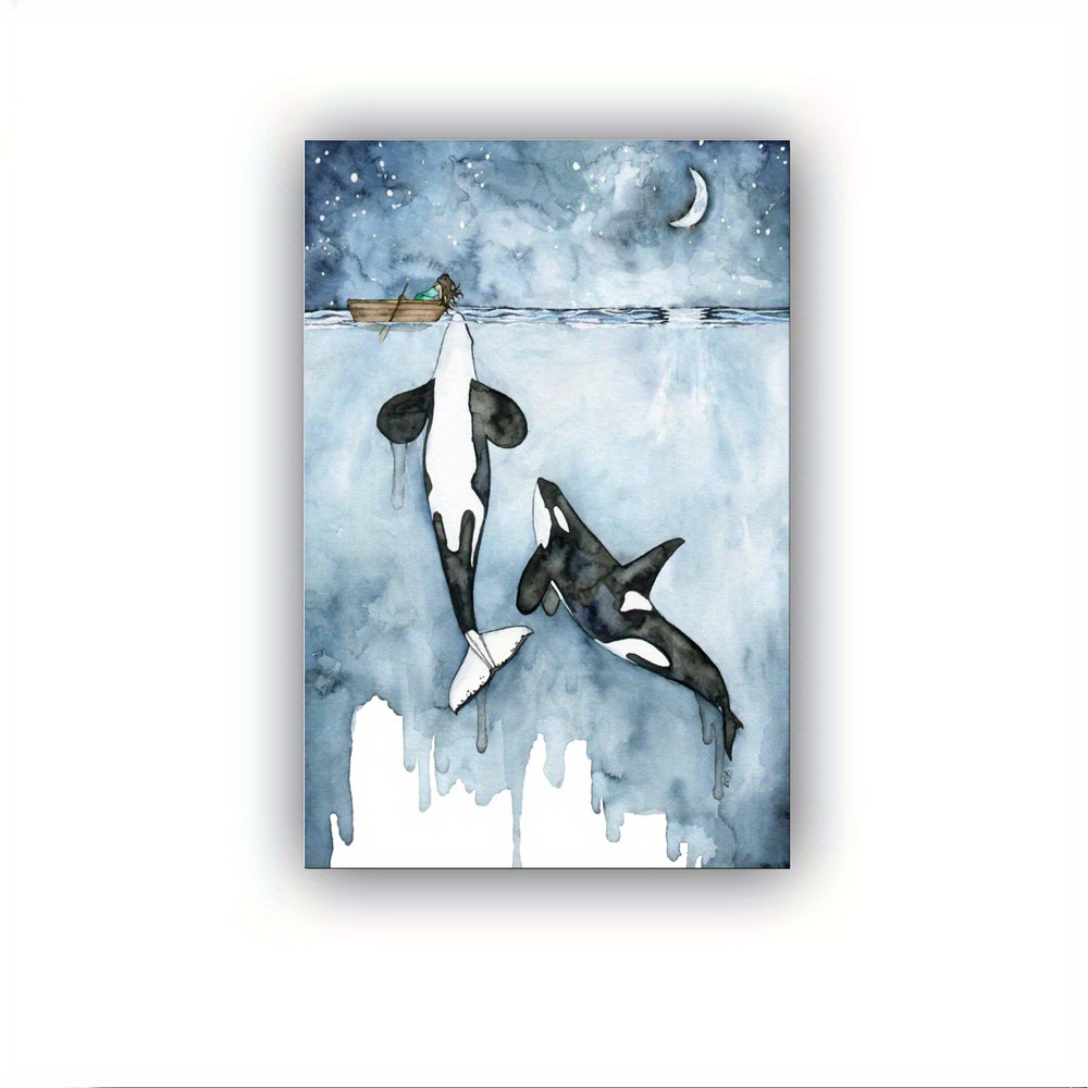 

And Girl Canvas Print Watercolor Painting Killer Whale Wall Art Marine Life Poster Abstract Artwork Bedroom Living Room Bathroom Decoration - Stretched And Frame Ready To Hang - Framed