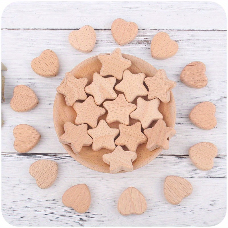 

Wooden Crafting Beads Set Of 5 - Natural Beech Star & Heart Shaped Beads For Diy Jewelry Making, Art Projects, Pacifier Chains