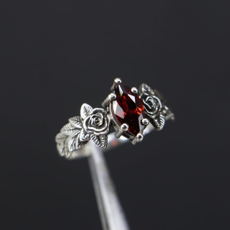 [Vintage Marquise Garnet Ring] Vintage Marquise Garnet Ring | Silvery Plated Garnet Ring | Garnet Engagement Ring Promise Ring | Rose Style Ring | Special Jewelry Fashion Jewelry