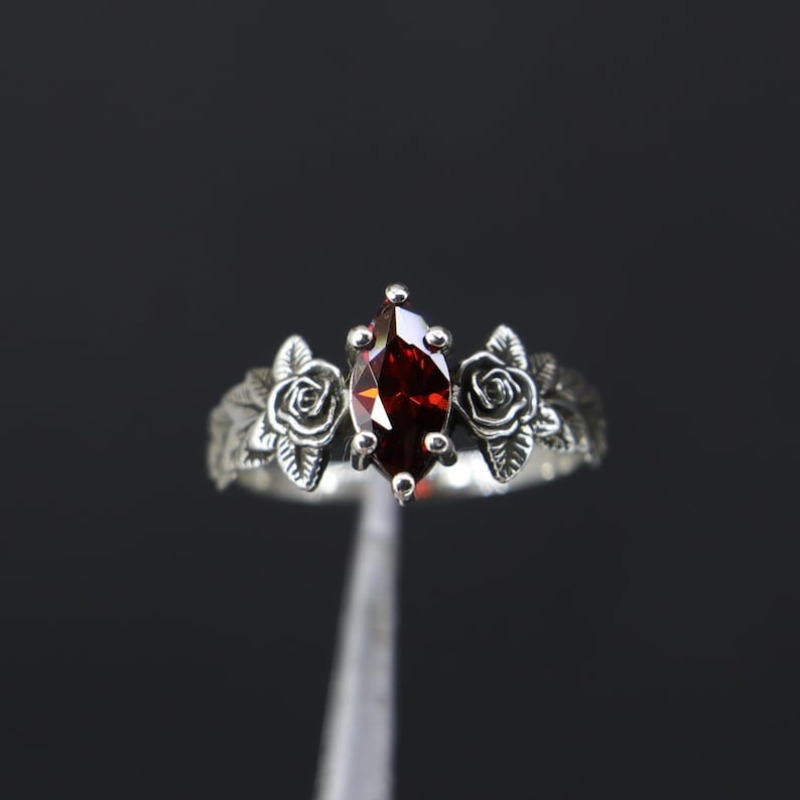 [Vintage Marquise Garnet Ring] Vintage Marquise Garnet Ring | Silvery Plated Garnet Ring | Garnet Engagement Ring Promise Ring | Rose Style Ring | Special Jewelry Fashion Jewelry