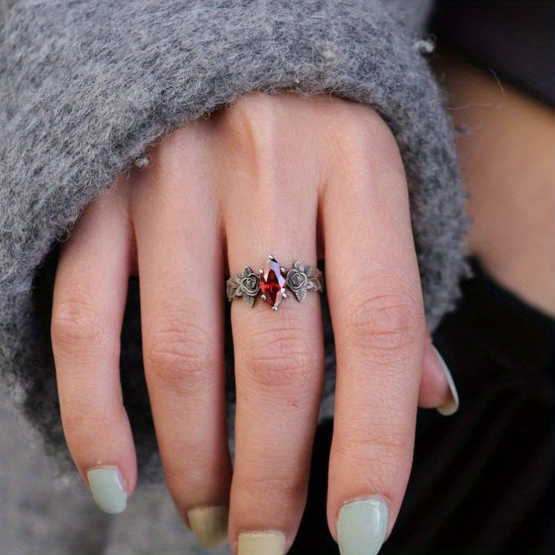 [Vintage Marquise Garnet Ring] Vintage Marquise Garnet Ring | Silvery Plated Garnet Ring | Garnet Engagement Ring Promise Ring | Rose Style Ring | Special Jewelry Fashion Jewelry