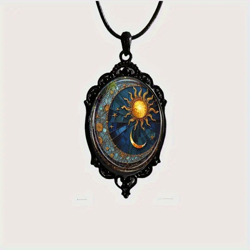 

1pc Elegant Oval Glass Pendant Necklace With Sun And Moon Pattern & Black Frame, Retro Romantic Jewelry Gift