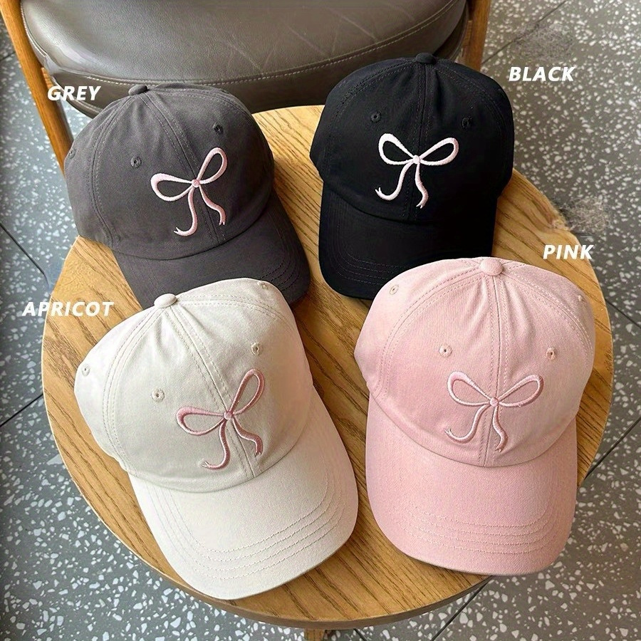 

Adjustable Bowknot Embroidered Baseball Cap - Cute & , Sun-protective Polyester Dad Hat In Black, Grey, Pink, & Apricot - Hand Washable