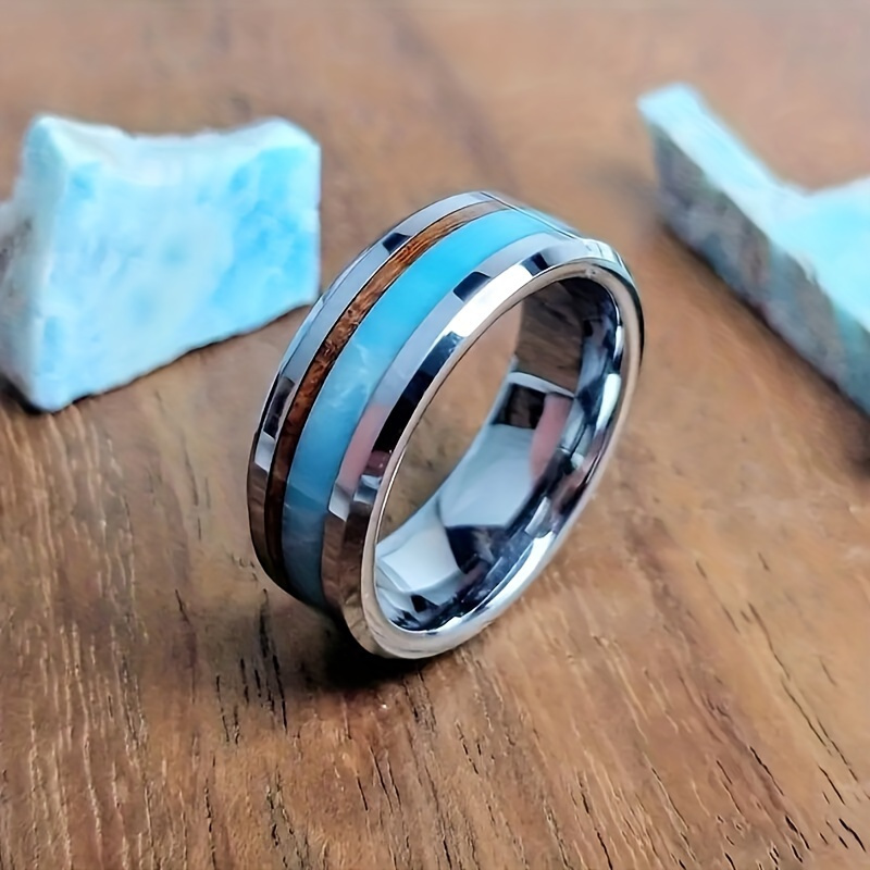 

1pc Fashion Stainless Steel Ring - Pattern With Artificial Turquoise Inlay - Durable & Stylish Gentlemens Jewelry - Perfect Birthday Gift