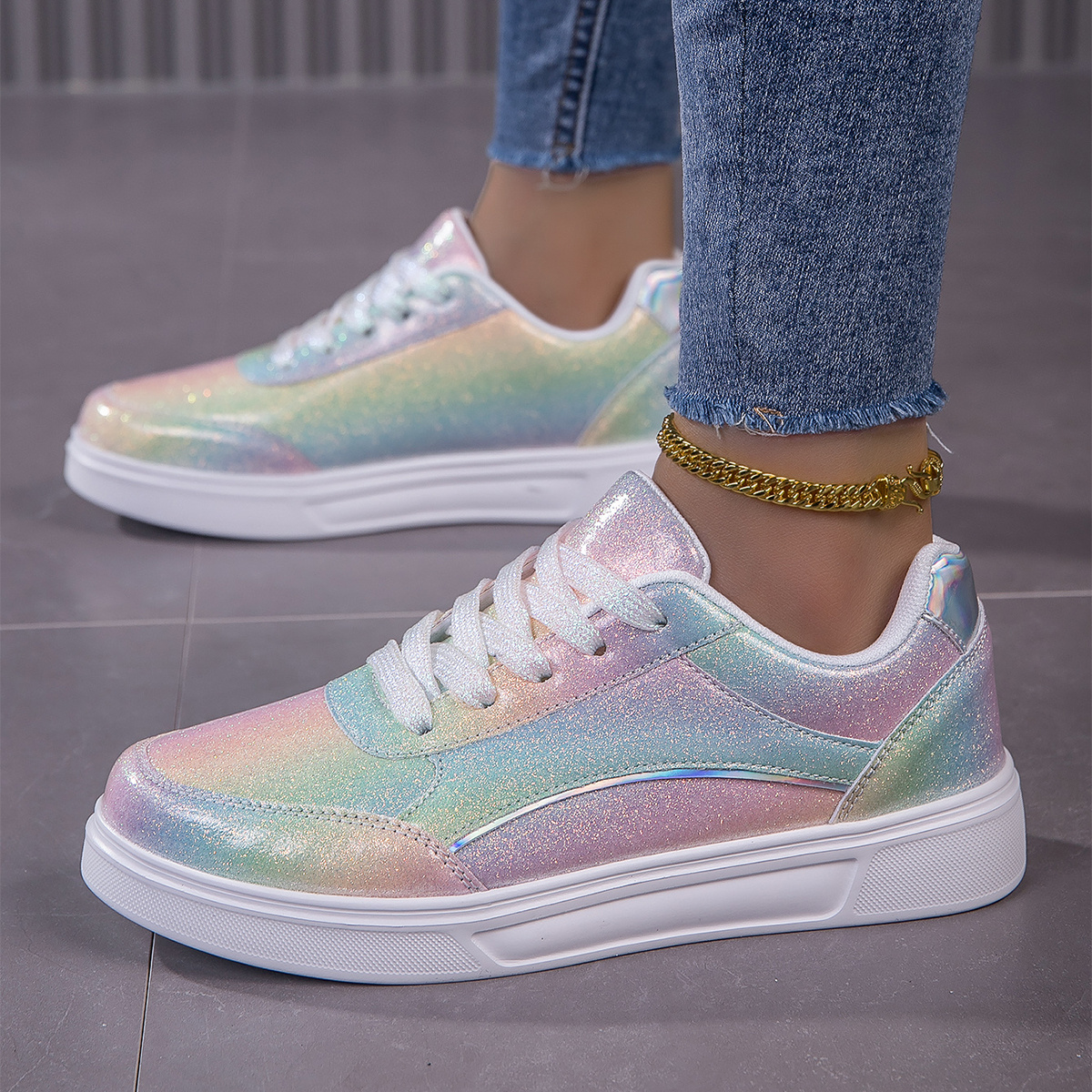 

Sneakers mode femme, chaussures de sport décontractées à paillettes brillantes, chaussures de skateboard plates pour mariage et fête