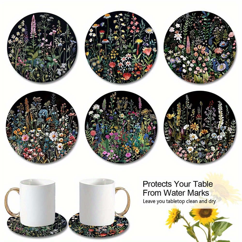 

Set Of 6 Elegant Garden Floral Cork Coasters, Black Botanical Print, Non-slip Scratch-resistant Surface, Round Drink Mats 9.5cm