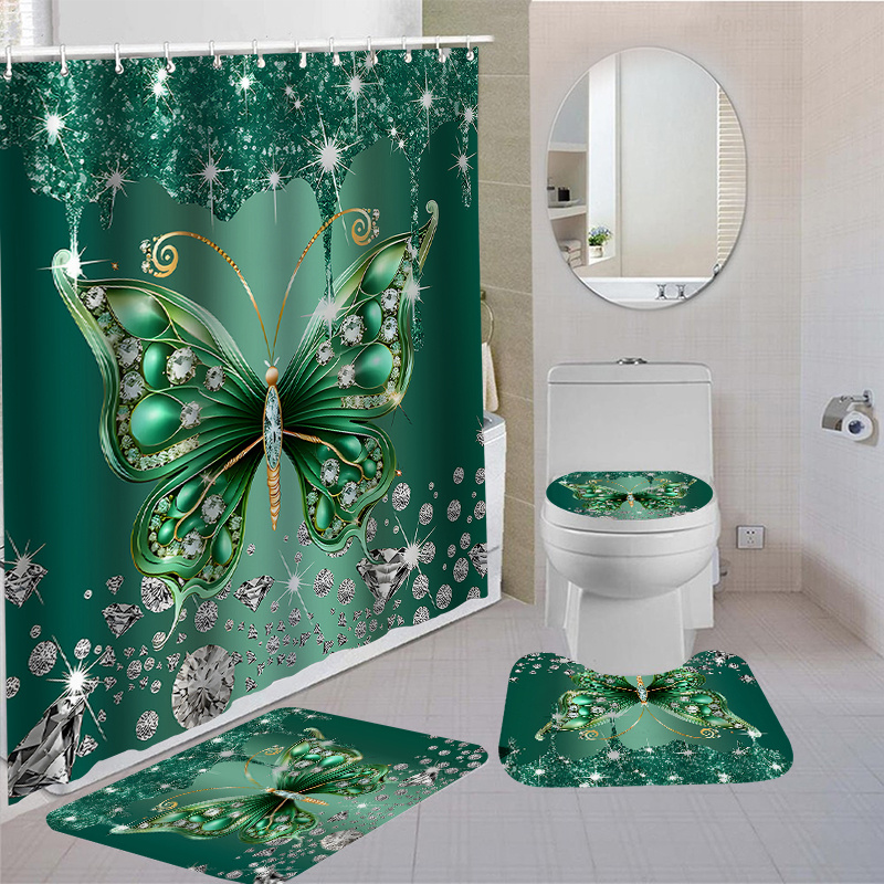 

1/4pcs Waterproof Bathroom Shower Curtain Set With 12 Hooks, Toilet Seat Bath Mats And Rugs Non-slip Carpet Toilet Covers Polyester Fabric Washable Curtain For Windows, Bathroom Accessories