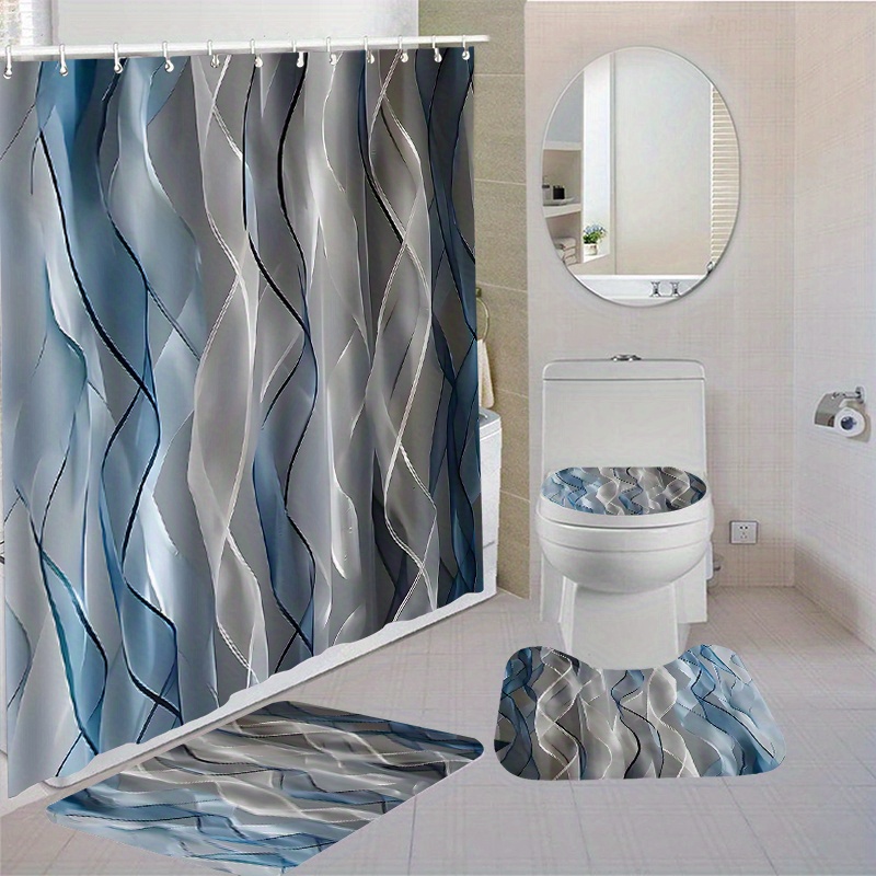 

1/4pcs Abstract Wave Design Bathroom Set, Waterproof Shower (70.87x70.87 Inches) With 12 Hooks, Non-slip Toilet Lid Cover, Bath Mat, U-shaped Rug, Machine Washable, Durable Polyester Fabric