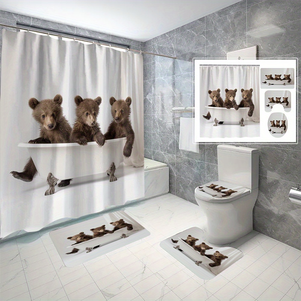 

Water-resistant Twill Weave Polyester Shower Curtain Set With Cartoon Bear Pattern, Includes 12 Hooks And Matching Bathroom Accessories - Animal-themed Bath Decor, Machine Washable - 4 Piece Set