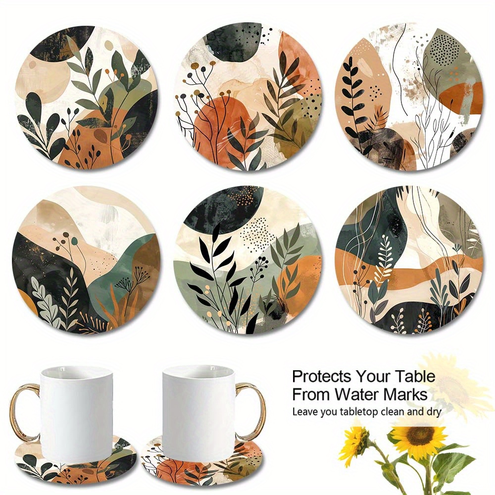 

Set Of 6 Cork Coasters With Modern Vector Illustration Geometric Botanical & Popular Art Design, Water-resistant Table Protection, Round Drink Mats With Cork Base - 9.5cm Diameter