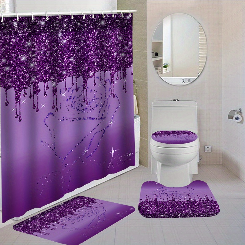 

1pc/4pcs Waterproof Bathroom Shower Curtain Set With 12 Hooks Toilet Seat Bath Mats And Rugs Non-slip Carpet Toilet Covers Polyester Fabric Washable Curtain For Windows Bathroom Accessories