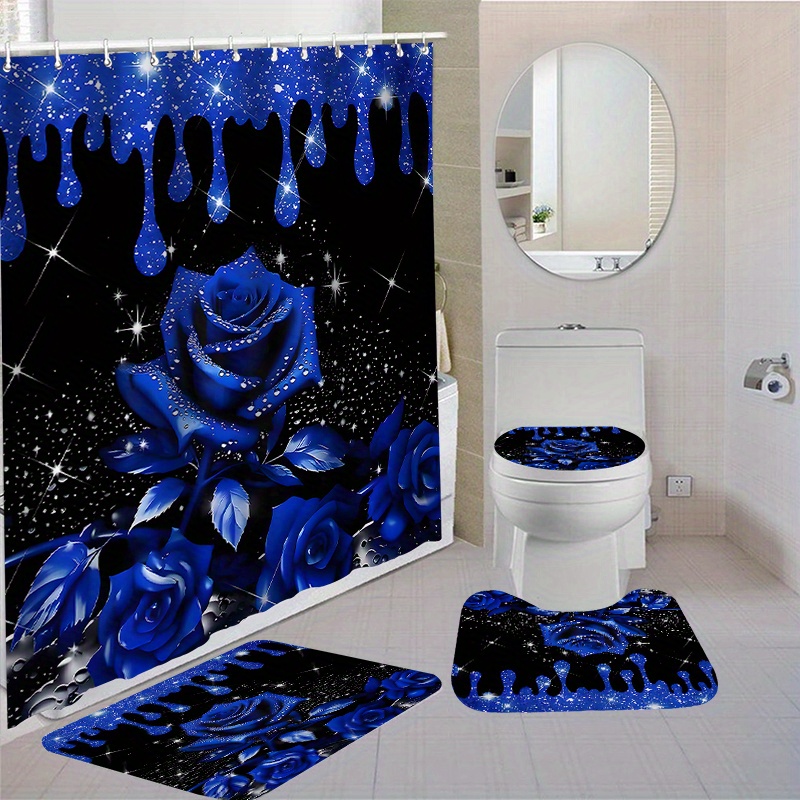 

1/4pcs Blue Rose Shower Curtain Set, With Non-slip Bath Mats, Toilet Lid Cover & Carpet, 180x180cm Waterproof Polyester Fabric, Includes 12 Hooks, Machine Washable Bathroom Decor