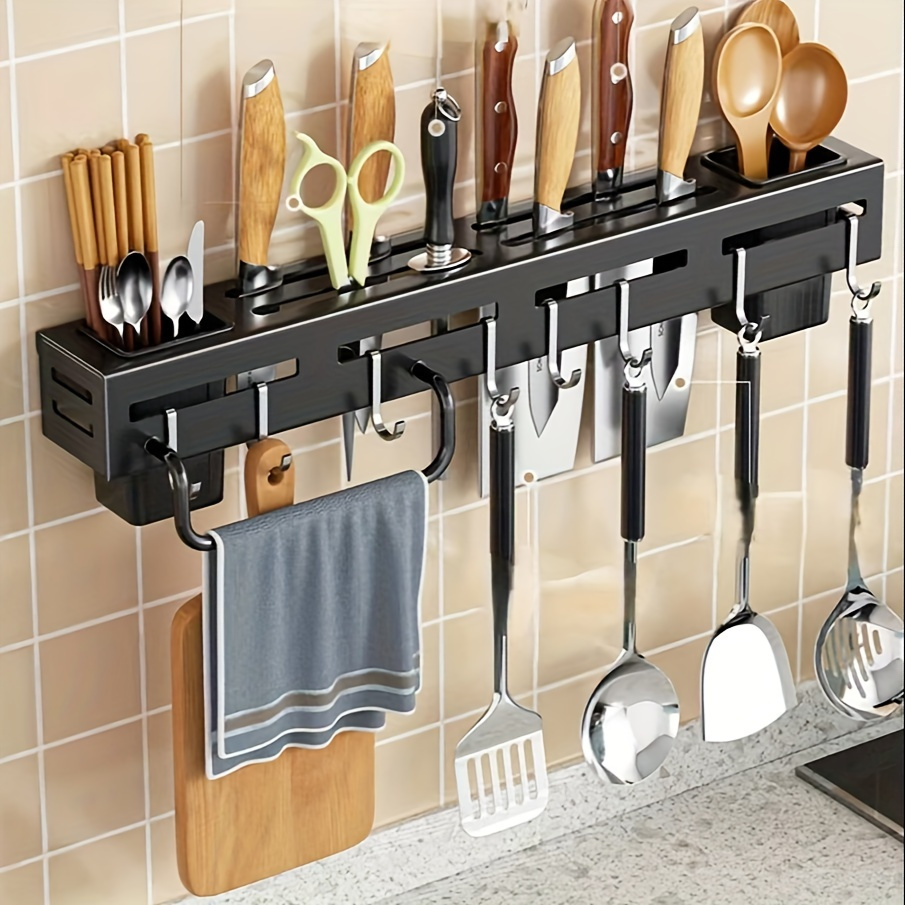 

Stainless Steel Kitchen Organizer - Wall-mounted, No-drill Chopstick & Knife Holder With Pole - Sleek Storage Solution For Home And Restaurant