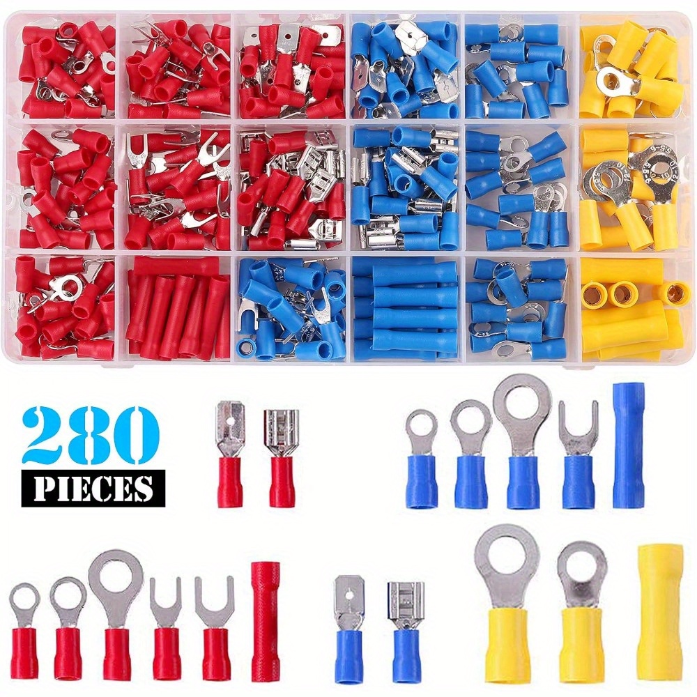 

280pcs Wire Connector, Insulated Wire Crimping Terminal, Circular Fork, Spade Docking Connector Kit, Car, Motorcycle, Ship, Electrical Instrument Hybrid Combination Kit