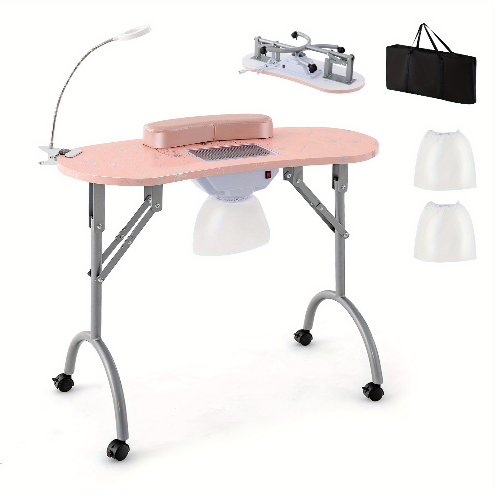 

Lifezeal Folding & Portable Manicure Table With Dust Collector Led Lamp Carry Bag Pink
