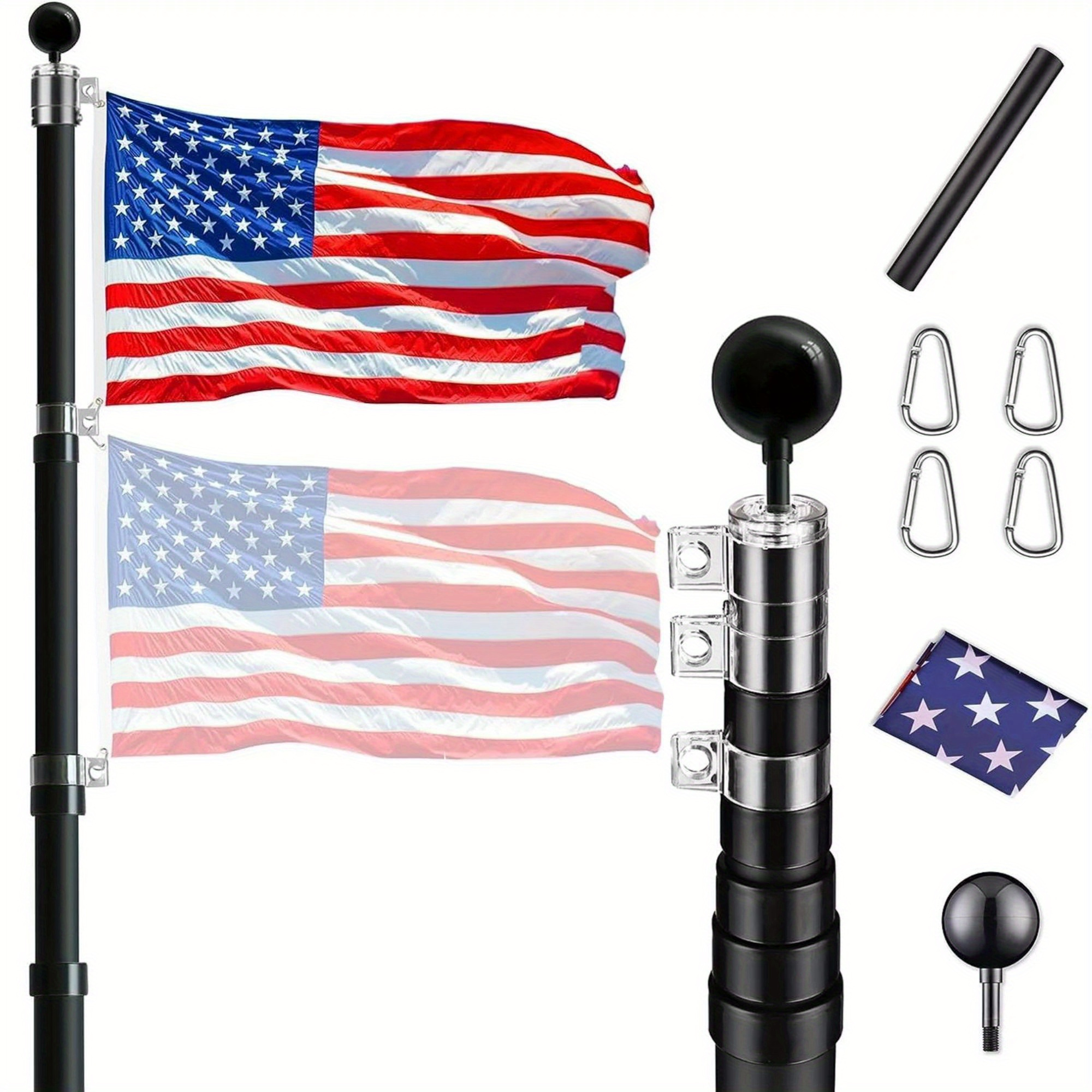 

1pc Heavy-duty 30ft Aluminum Telescoping Flag Pole Kit With Thick Tubing, Free Black Ball Set, And American Flag For Outdoor Use, Metal