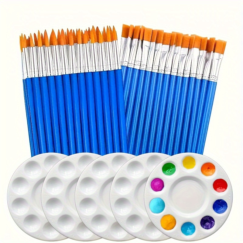 

60-piece Paint Brush Set With 5 Palette Trays - Nylon Bristles For Acrylic, Watercolor, Oil, Gouache, Tempera, Body Art - Flat & Round Tips