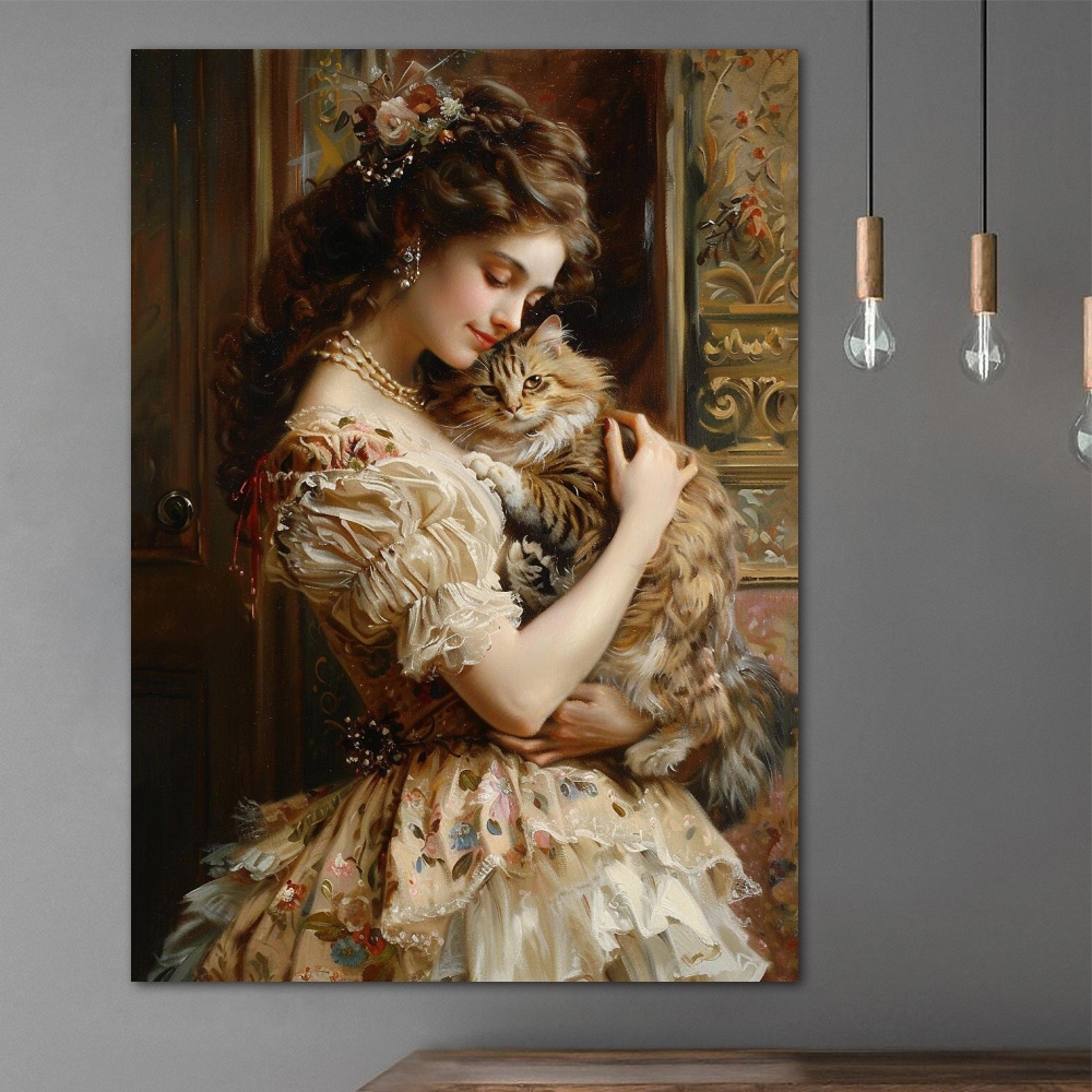 

Elegant Lady Holding Cat Canvas Print Wall Art, High-quality Retro Victorian Poster For Home, Living Room, Bedroom, Office Decor - Single Piece Canvas Artwork, Perfect Home Decoration Gift